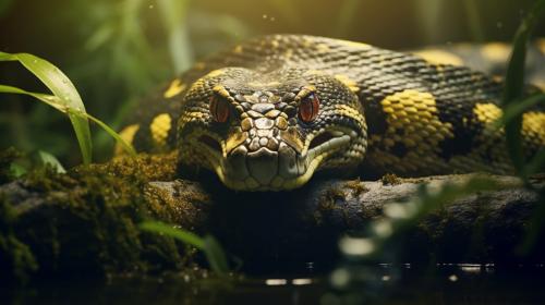 Giant anaconda yellow eyes stalking prey, detailed vegetation and waterfall in amazon rainforest background, cinematic shoot, ultrareal, morning light