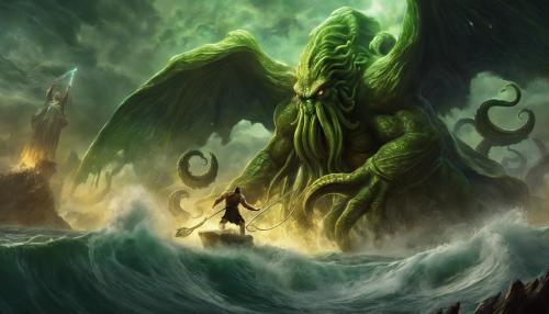 Zeus battling a massive Cthulhu