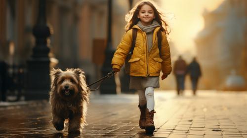 Little girl walking with a dog in the street