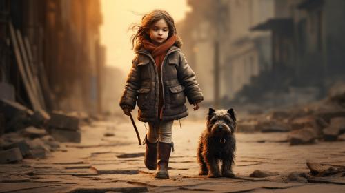 Little girl walking with a dog in the street