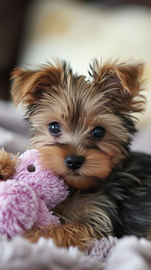 Cute yorkie playing with a toy. --v 6