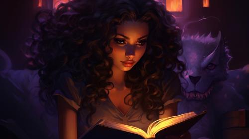 cute demon girl reading a book, dark skin, curly hair profile picture, pretty colors