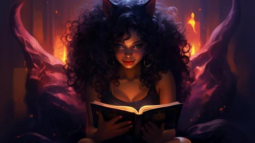 cute demon girl reading a book, dark skin, curly hair profile picture, pretty colors