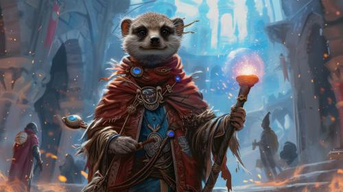 TCG card Illustration by alphredito of an archane wizard meerkat anthropomorphic character design, elegant academy core colorful detailed