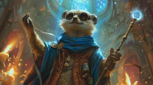 TCG card Illustration by alphredito of an archane wizard meerkat anthropomorphic character design, elegant academy core colorful detailed