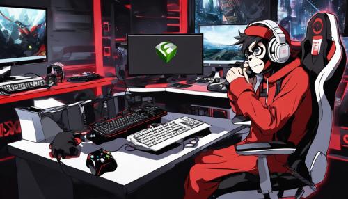 A monkey holding a xbox controller wearing a white headset sitting on a black and red gaming chair while at his black gaming desk watchin his curved monitor  