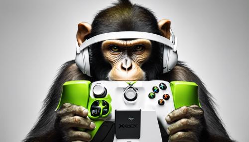 A Raging Monkey with a white headset and holding a lime green xbox controller