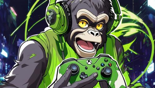 A Raging Monkey with a white headset and holding a lime green xbox controller