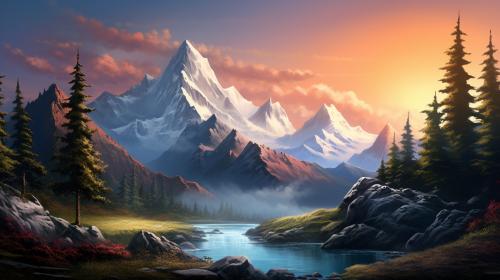 Create a stunning mystical mountain landscape with tall snowy peaks and dense forests in the epic style of Bob Ross.