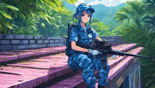 Comat Girl wearing blue digital camo uniform, kneeling down,On Rooftop in tropical forest, holding pink assult rifle,   