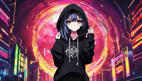 Goth Askuka wearing skirt and black hoodie with nerve logo