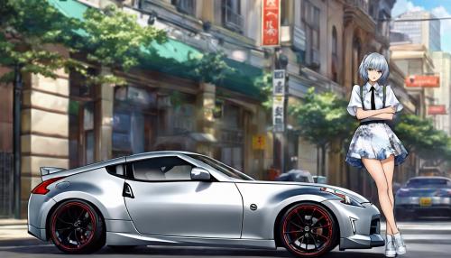 Rei Ayanami, sitting on a matte silver Street style nissan 370z, wearing casual cloths with a skirt 