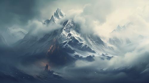 snowy mountain with fog