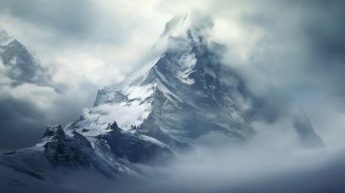 snowy mountain with fog