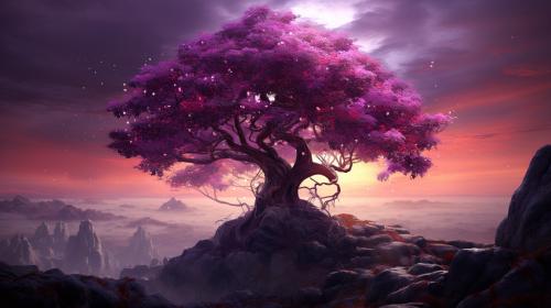 Árbol de cerezo con atardecer morado
