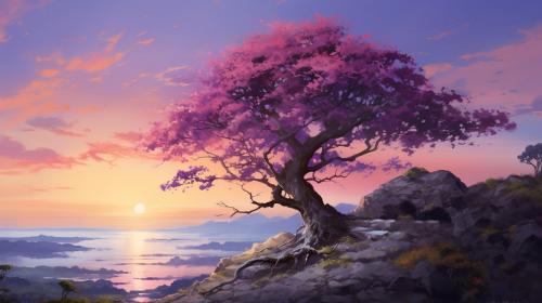 Árbol de cerezo con atardecer morado
