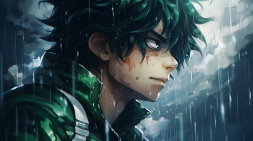 Izuku Midoriya en su etapa seinen bajo la lluvia
