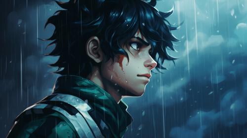 Izuku Midoriya en su etapa seinen bajo la lluvia
