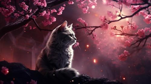 Fantasy theme mystic flare cherry blossoms smoth with soft dark atmosphere and dark colors with amazing shaders and lights with a fantasy cat in 1440p