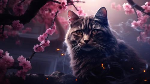 Fantasy theme mystic flare cherry blossoms smoth with soft dark atmosphere and dark colors with amazing shaders and lights with a fantasy cat in 1440p