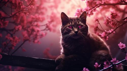 Fantasy theme mystic flare cherry blossoms smoth with soft dark atmosphere and dark colors with amazing shaders and lights with a fantasy cat in 1440p