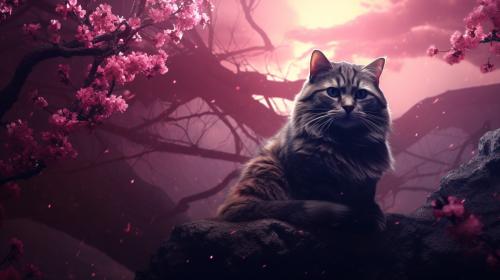 Fantasy theme mystic flare cherry blossoms smoth with soft dark atmosphere and dark colors with amazing shaders and lights with a fantasy cat in 1440p