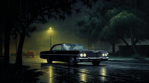 Black impala under rain at night
