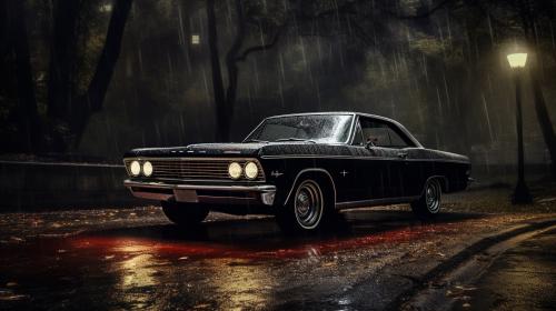 Black impala under rain at night
