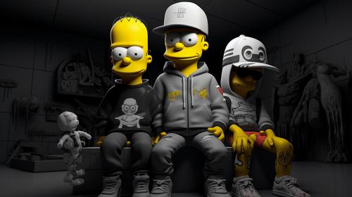 A Simpson with drip, with bart and other characters, black hat, black and white hoodie, nike shoes, in a cool place of the world have style and in a chill weather