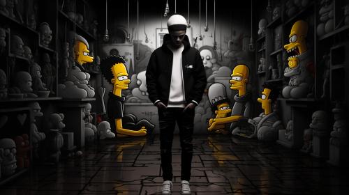 A Simpson with drip, with bart and other characters, black hat, black and white hoodie, nike shoes, in a cool place of the world have style and in a chill weather