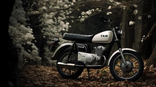 a white and black white tomos a35 with dark trees in the background
