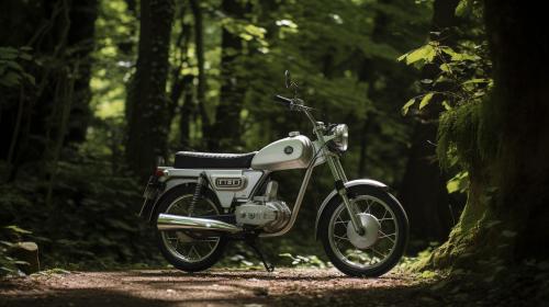 a white and black white tomos a35 with dark trees in the background
