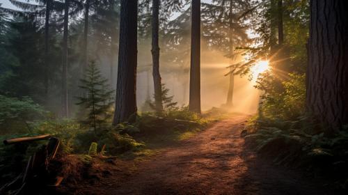 Misty enhanced forest path at dawn