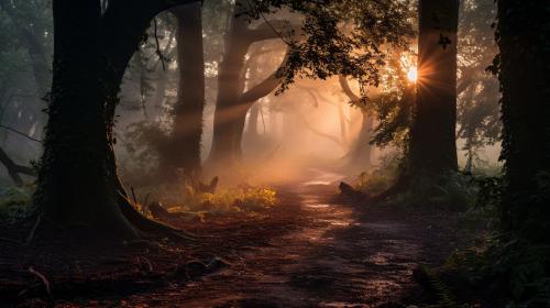 Misty enhanced forest path at dawn