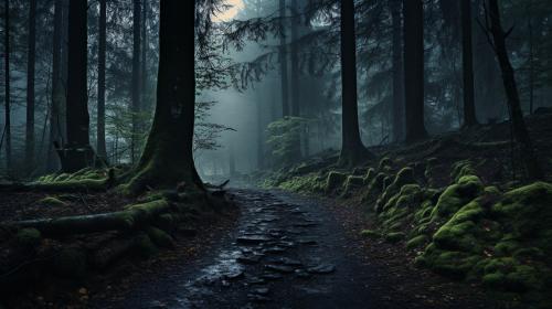 Misty enhanced forest path at dawn