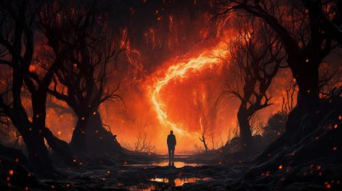 A forest on fire at night with a mysterious figure in the background 