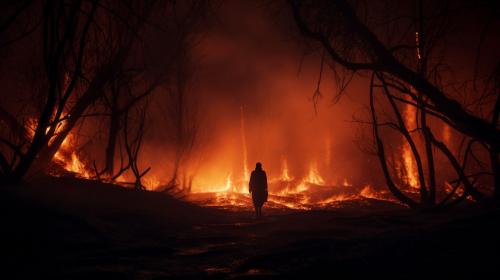 A forest on fire at night with a mysterious figure in the background 