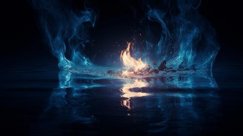 A blue flame  burning over a reflective pool of water at night with a very dark background, very detailed, creepy