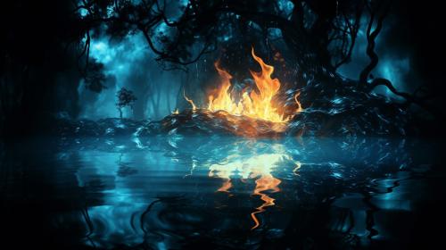 A blue flame  burning over a reflective pool of water at night with a very dark background, very detailed, creepy