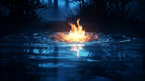 A blue flame  burning over a reflective pool of water at night with a very dark background, very detailed, creepy