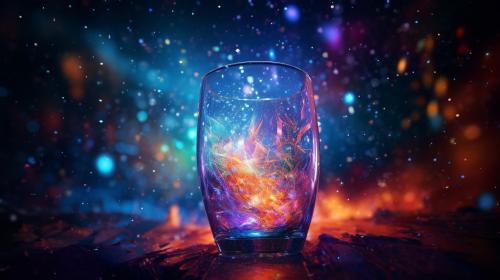 A laser shooting glass at night with colorful particle effects everywhere around it, extremely detailed and beautiful 