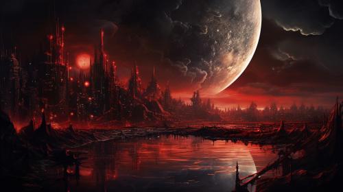 A massive crimson moon over a highly detailed dystopian city at night