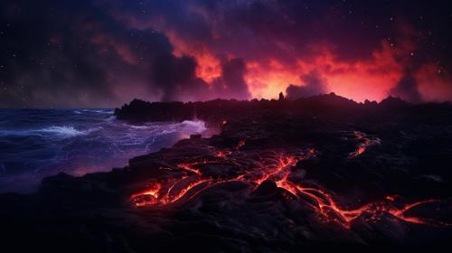 Multi colored lava shooting from a volcano and flowing down into the ocean on an island at night, with millions of stars in the night sky