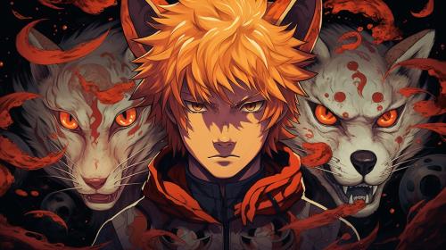 Naruto's face mixed with Kurama's.