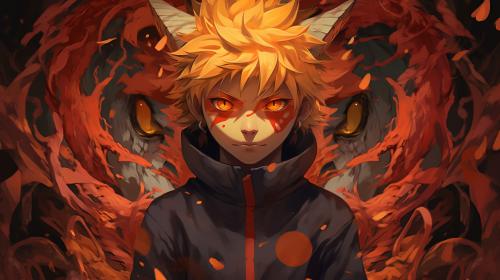 Naruto's face mixed with Kurama's.