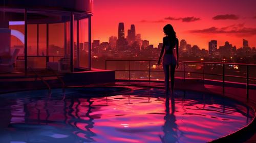 Bikini, city, brunette, neon, red, sunset, pool
