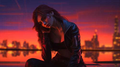 Leather, fitted, neon, pool, city, brunette, girl, sunset, crouching, red, orange, purple, green, 
