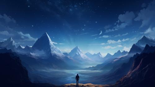 valley surrounded with mountain and a man seeing stars all alone