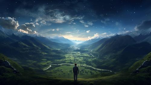 valley surrounded with mountain and a man seeing stars all alone