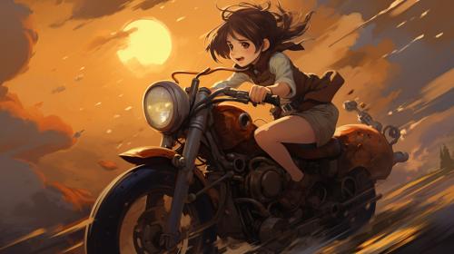 make me a anime girl riding a mortorcicle
